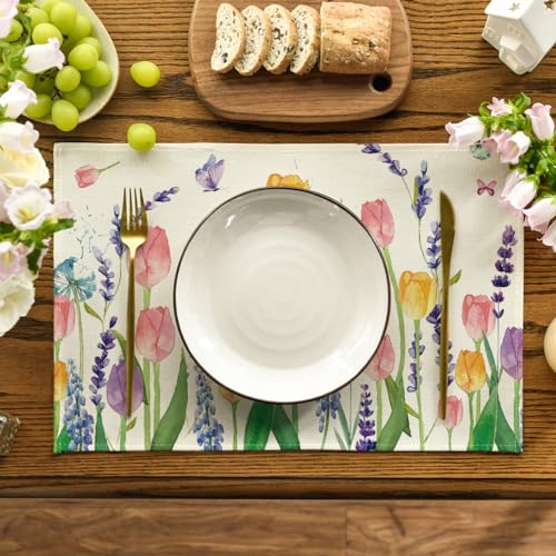 Lavender Tulip Floral Placemats Set of 12, 12x18 Inch Rectangular Seasonal Table Decor