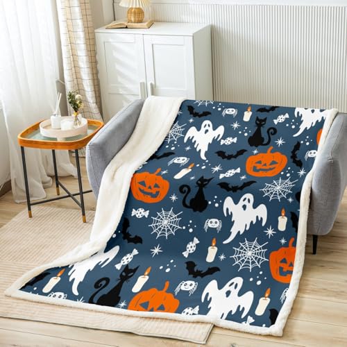 Halloween Sherpa Blanket Bat Pumpkin Ghost Fleece Throw 50x60 Inches - Blue Variation of THIS listing