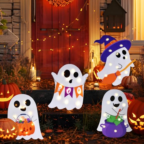 Lighted Halloween Ghost Yard Signs Pack of 4 Outdoor Lawn Decorations