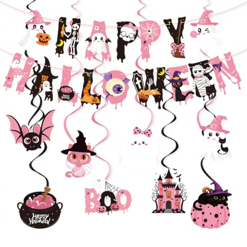Pink Halloween Ghost Decorations Set – Hanging Swirls & Banners for Girls Parties