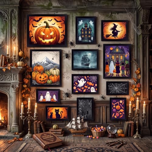 Halloween Ghost Wall Art Set - Framed Decor with 12 Gothic Prints