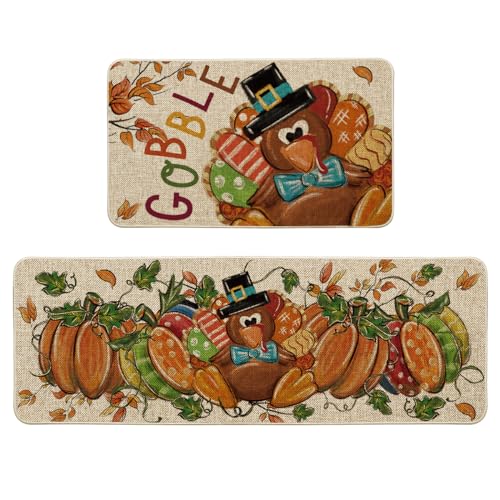 Set of 2 Thanksgiving Kitchen Rugs - Turkey Pumpkin Maple Leaves Floor Mats