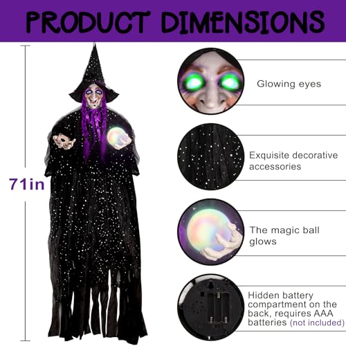 71-Inch Hanging Talking Animatronic Witch with Sound Activation and Glowing Eyes