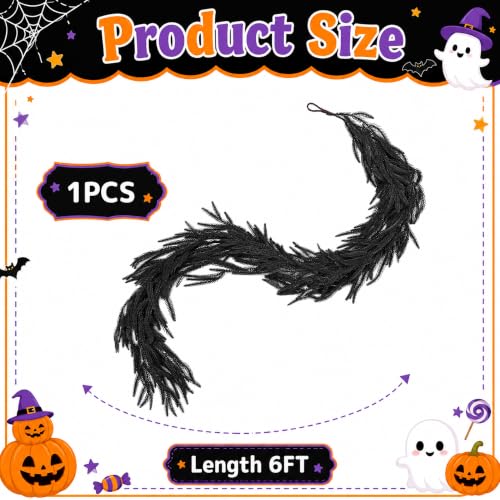 6ft Black Halloween Garland - Norfolk Pine Vine for Mantle & Decor - D Style / 1 Pc