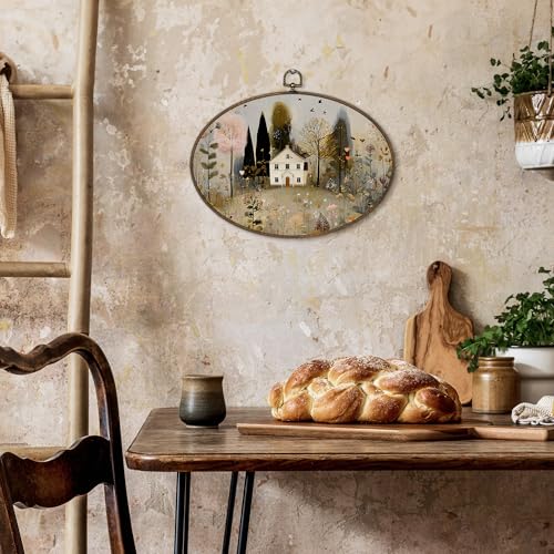 Oval Farmhouse Wall Art Decor - Rustic Botanical Canvas Print, House-A