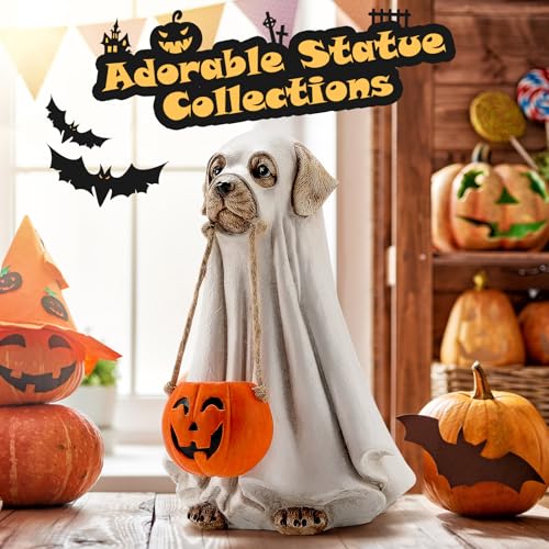 Halloween Ghost Dog Figurines with Small Pumpkin Tabletop Decoration - Handcrafted Cute Dog Halloween Decor - Variations of Ghost Dog