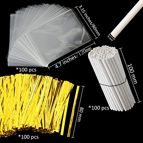 White Cake Pop Sticks and Wrappers Set - 4.7 Inches, Includes Bags & Ties