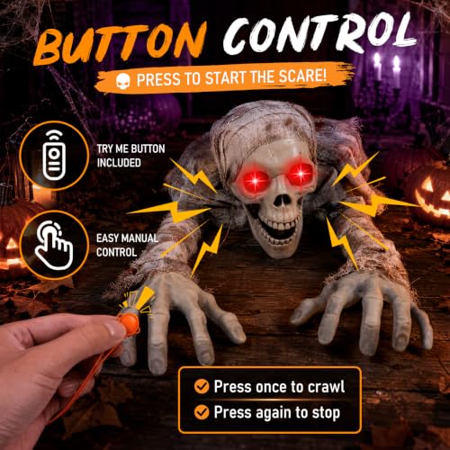 Crawling Zombie Animatronic Halloween Decoration with Light-Up Red Eyes & Sound