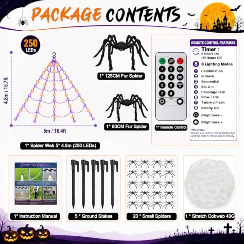 Outdoor Halloween Spider Web Lights with Fake Spiders - Waterproof, 8 Modes