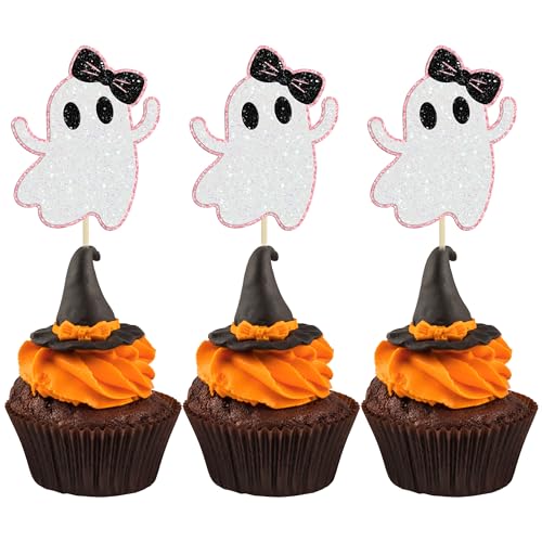 Pink Glitter Ghost Cupcake Toppers Halloween Party Decorations 24 Pack