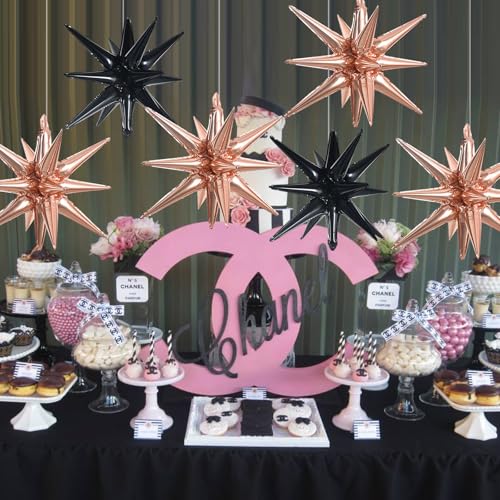 Black Rose Gold Explosion Star Foil Balloons - 8 Pcs Party Decorations