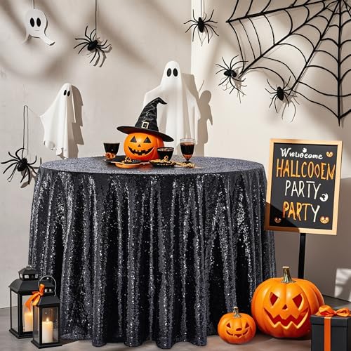 Black Sequin Round Tablecloth 90 Inch - Sparkling Party Decor, QueenDream