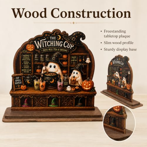 Halloween Ghost Coffee Bar Decor - Wooden Tabletop Sign for Kitchen & Cafe