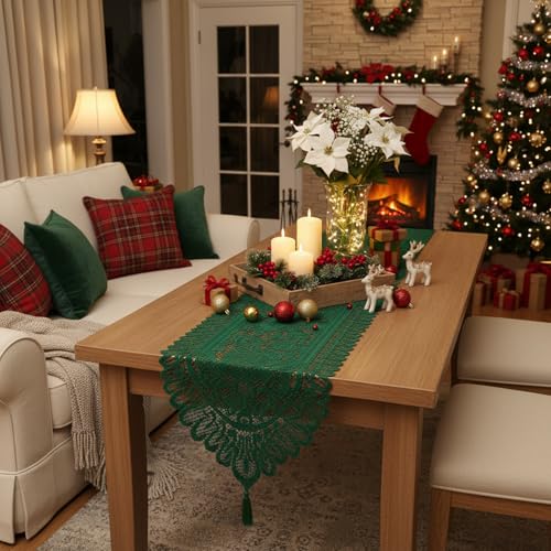 Green Lace Table Runner for Christmas Party Coffee Decor - 13x35 Inches