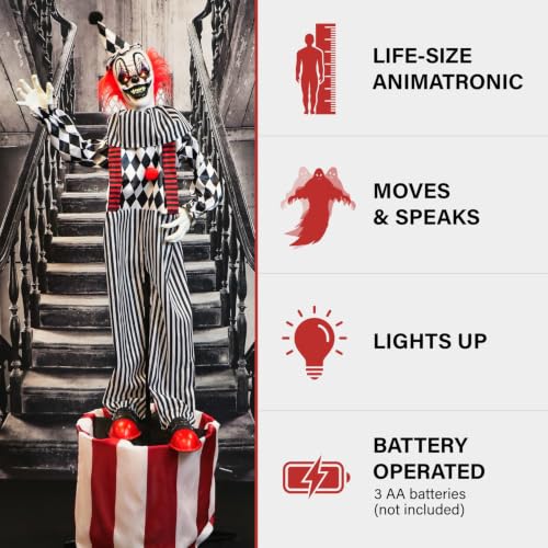5.9-Ft. Talking Clown Animatronic on Stage Halloween Prop - Variation of 6ft Clown on Stand