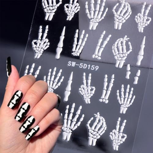 Halloween Nail Stickers Kit - 3 Sheets Embossed Skull & Skeleton Design - Variation 5D Embossed Skull Skeleton-17