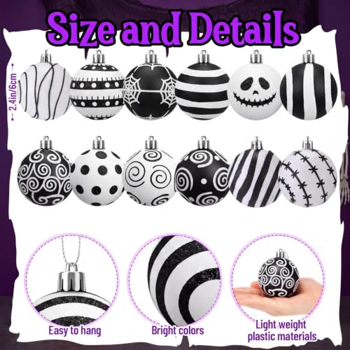 Halloween & Christmas Ball Ornaments Set - 12 Black and White Decorative 2.36 Inch