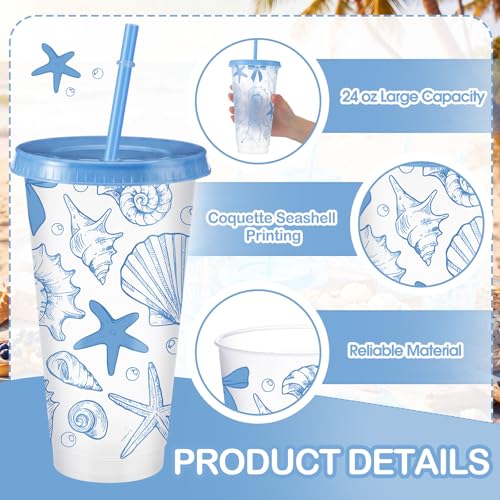 24 oz Coastal Summer Plastic Cups with Lids & Straws - Blue Bow Shells