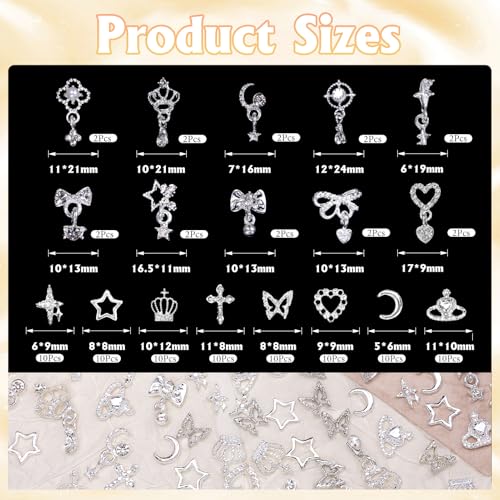 Silver-Set 1 100Pcs Nail Charms & Gems for Nails - Star, Heart, Bow, Crown