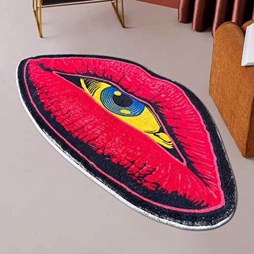 Red Lip Devil Eye Shape Plush Rug - Cute Bedroom Door Mat Non-Slip Bathroom Carpet