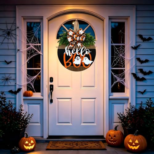 Halloween Ghost Wreath with Bow Decor - Fall Front Door Welcome