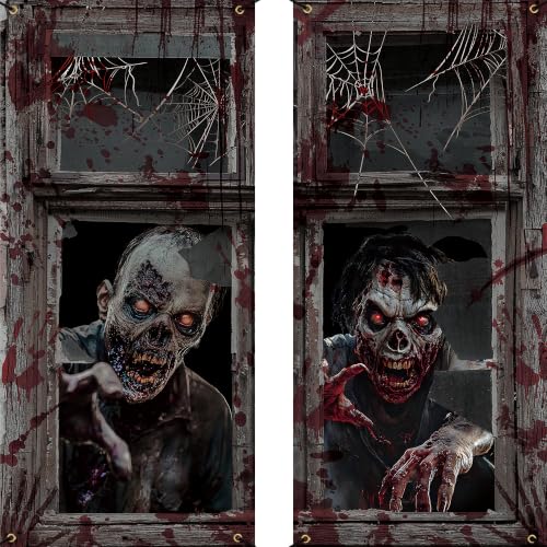 Halloween Zombie Window Decorations - 2PCS Spooky Curtain Banner for Haunted House