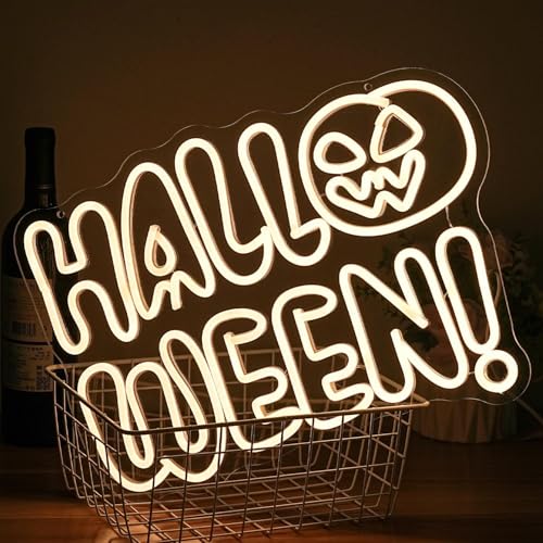White Halloween Neon Sign for Wall Decor - Pumpkin Letter LED Light for Shop & Bedroom - 16.9x12.3 Inches - Safe & Energy Efficient