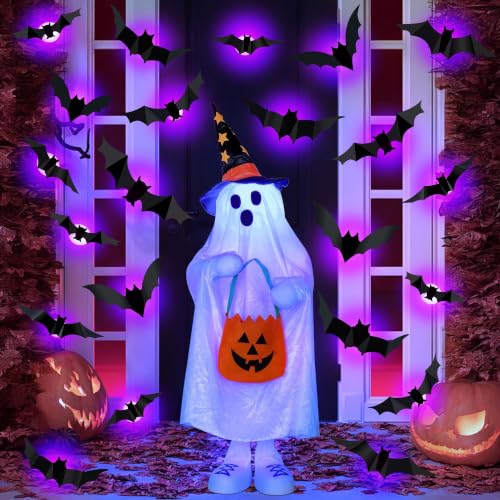 Purple LED 3D Bat Halloween Decorations Set - 36 Pieces, 5 Sizes & 4 Shapes