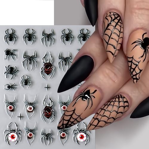 Halloween Crystal Diamonds Spider Web Nail Stickers - Self-Adhesive 3D Decals, Ghost & Bloody Design, 4 Sheets