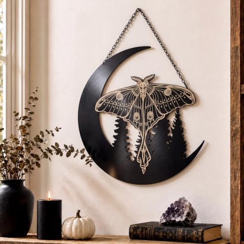 Gothic Luna Moth Wall Art Decor Halloween Moon & Forest Scene 12 Inch