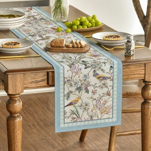 Blue Floral Table Runner - 13 x 90 Inch Spring Kitchen Decor, Seasonal Home Tablecloth