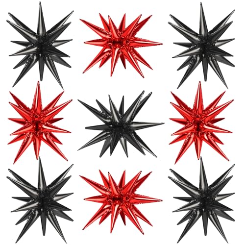Black Red Star Foil Balloons Set - 9pcs 22 Inch Explosion Spike Balloons for Party Decorations