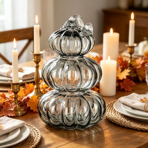 Black Large Stacked Glass Pumpkin Decor - Fall Halloween Centerpiece