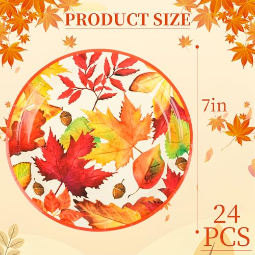 Fall Leaves Paper Plates - 7-Inch Thanksgiving Maple Leaf Dessert Plates - 24 Pack