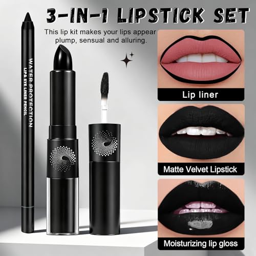 Black Lipstick and Lip Liner Set - Gothic Matte Lip Makeup - Variation: Black Lipstick + Lip Liner