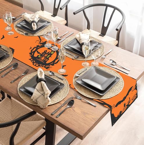 Halloween Table Runner Decor Orange Bat Pattern 13x72 Inch - Indoor Home Party