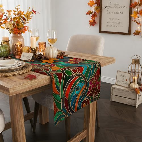 OHOME Fall Decor Stained Glass Table Runner - Fall Flower Variation