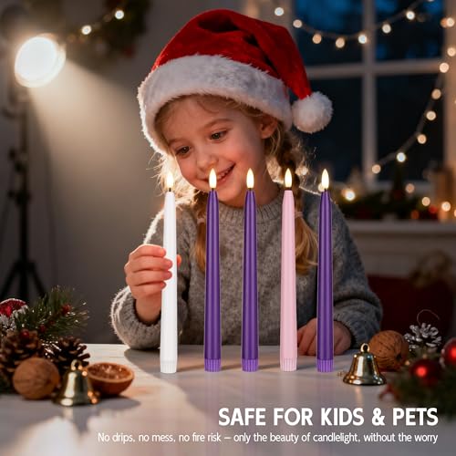 Flameless Advent Candles Set of 5 with Remote Control - Purple, Pink & White