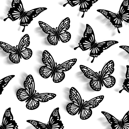 Halloween Black Butterfly Wall Decor - 48Pcs 2 Styles 3 Sizes Butterfly Stickers - 3D Paper Decals for Party & Home