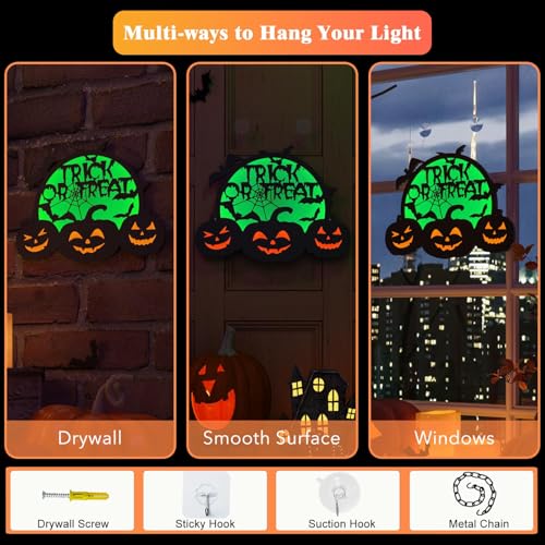 Green Halloween Pumpkin Lights with Moon Bat Web & Trick or Treat Wording - USB & Battery Powered