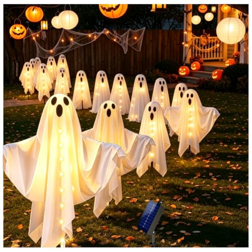 3-Pack Solar Halloween Ghost Pathway Lights with Adjustable Arms - Warm White, Waterproof, 25 Inches Tall