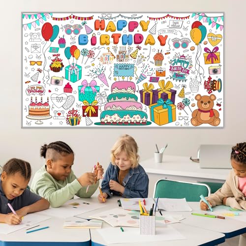 Giant Birthday Coloring Tablecloth - Kids Arts & Crafts Activity Banner Variation: Birthday