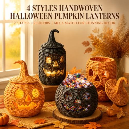 Halloween Pumpkin Jack-O-Lantern Handwoven Rattan Candy Bowl - Orange B