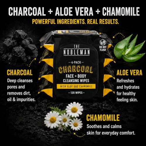 Men's Charcoal Face & Body Cleansing Wipes - 4 Pack (30 Count Each) - Deep Oil Control & Hydrating