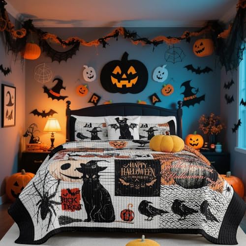 Halloween Quilt Queen Size Bedding Set with Pillow Shams - Black, 4 Pieces