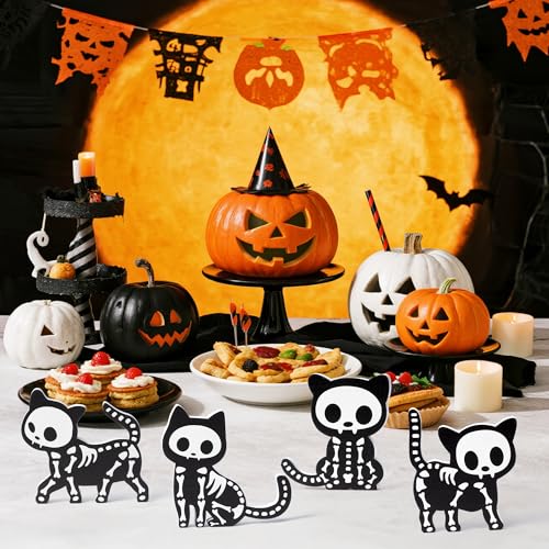 Halloween Skeleton Cat Wooden Figurines Set - Spooky Indoor Decor, 4 Pieces