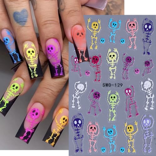 Halloween Nail Stickers - 10 Sheets Colorful Skeleton Pumpkin 5D Embossed Decals for Nail Art