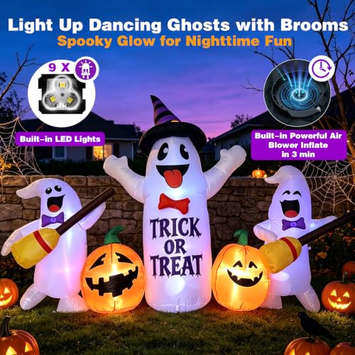 8 Ft Halloween Inflatable Ghosts with Pumpkin Broom LED Light Decor - White