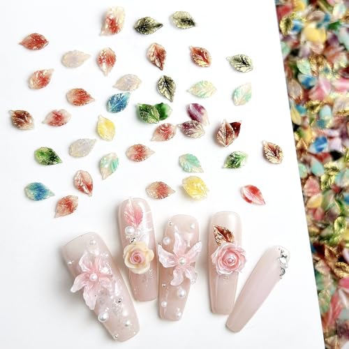 300Pcs Glitter Leaf Nail Charms - Autumn 3D Resin Mini Nail Rhinestones with Variation Nail Rhinestones-9