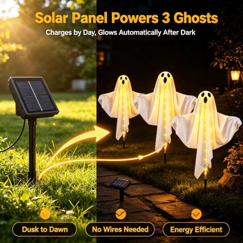 3-Pack Solar Halloween Ghost Pathway Lights with Adjustable Arms - Warm White, Waterproof, 25 Inches Tall